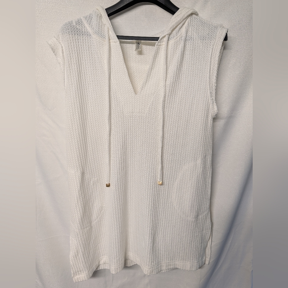 Mahina Sleeveless White Hooded Knit Tunic / Beach Cover Up Size Large